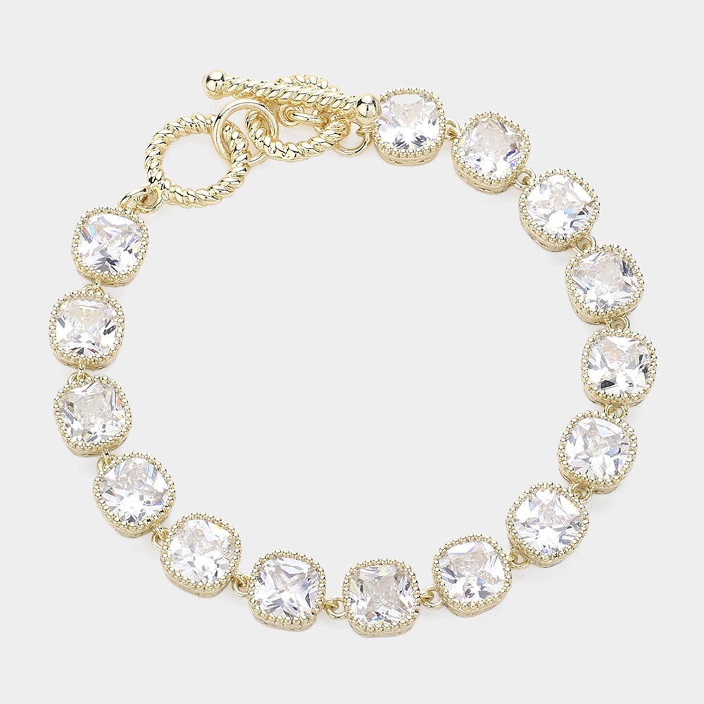 14K Gold & CZ Stone Link Toggle Bracelet